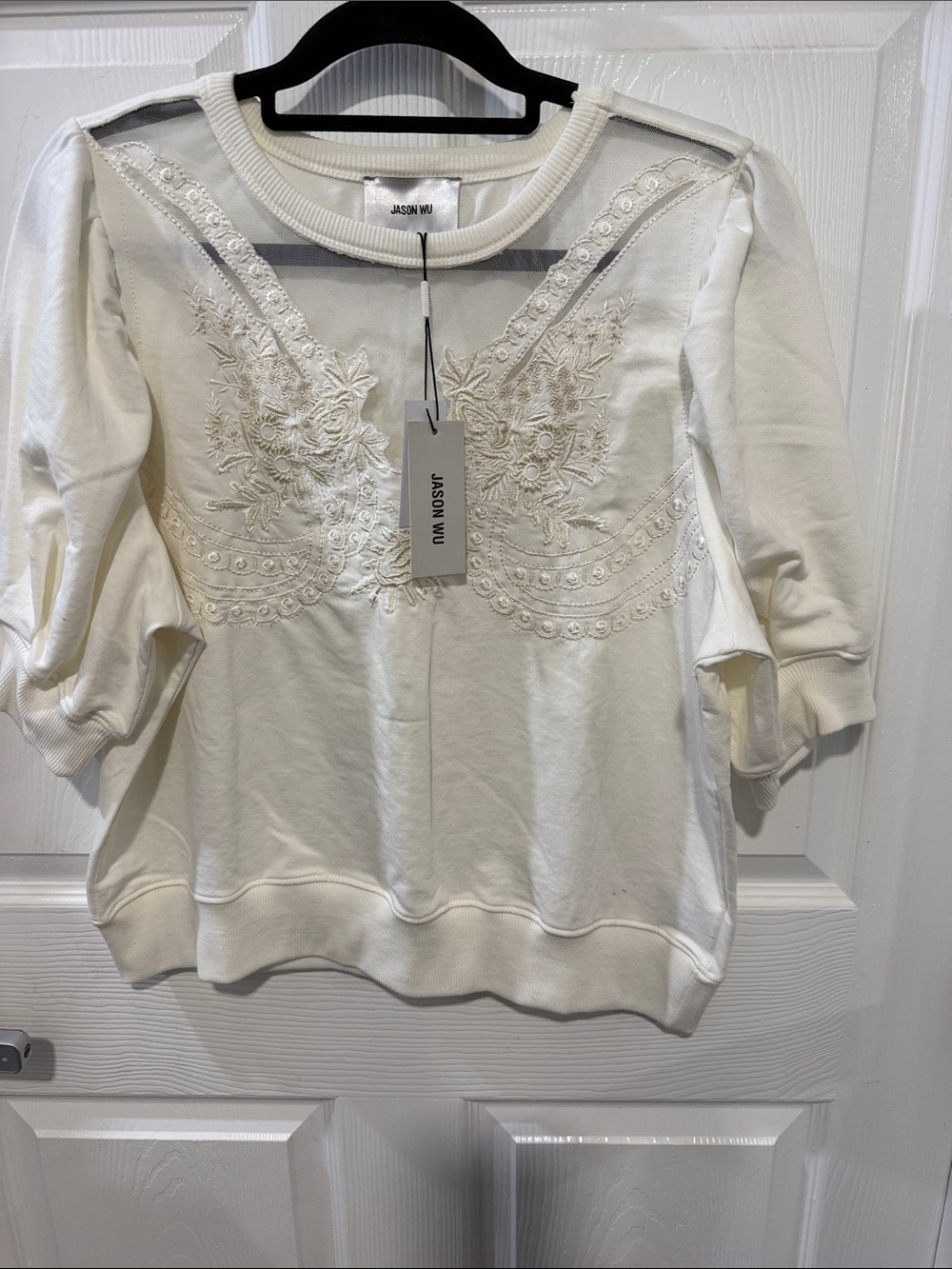 Jason Wu Cream Embroidered Puff-Sleeve Sweatshirt